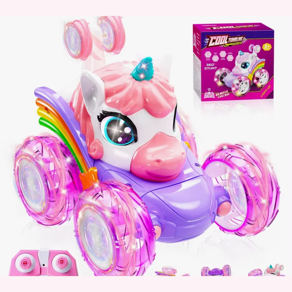 Carro de controle remoto Unicórnio para meninas, 360° Carros RC dublê giratórios 4WD com luzes fofas, brinquedos recarregáveis-crianças para presentes de aniversário