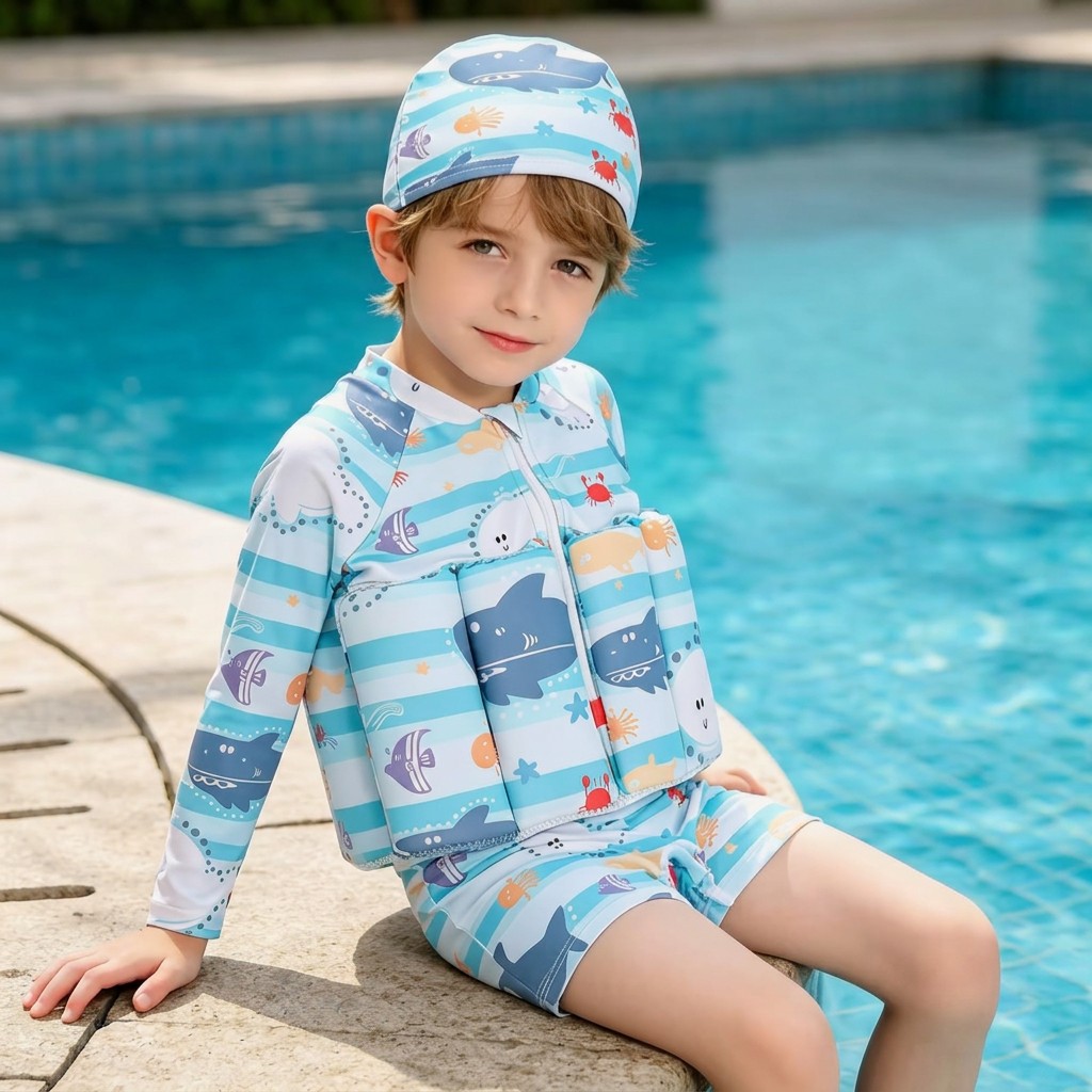 Roupa de Banho Infantil Masculina 2026: Conjunto Flutuante para Crianças de 1 a 6 Anos - Tubarão Rosa