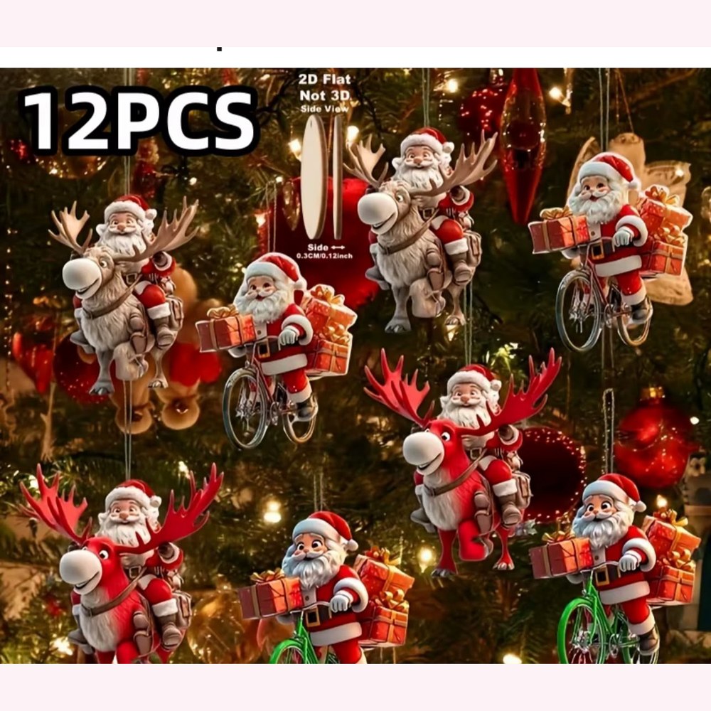 Kit 12 Enfeites de Madeira do Papai Noel para Pendurar